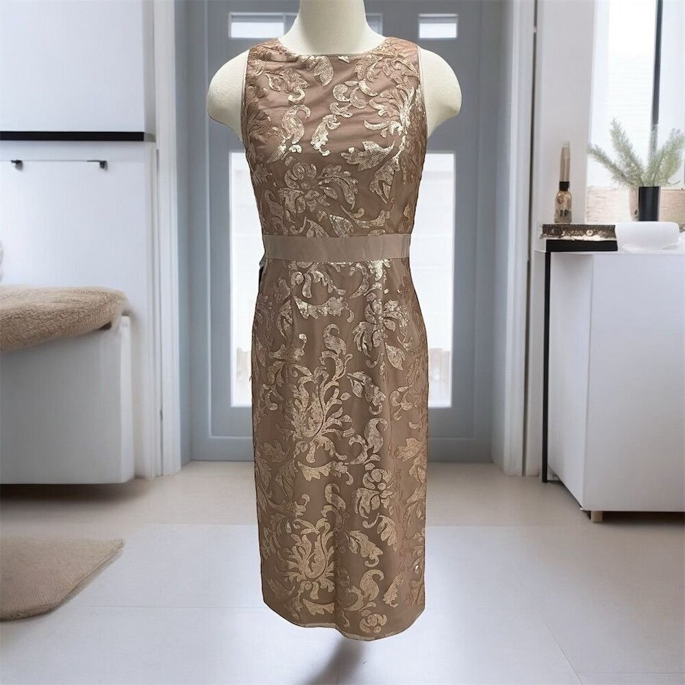 Vince Camuto Gold Sequin Cocktail Dress SZ 4 Knee Length Sleeveless Party Sheath